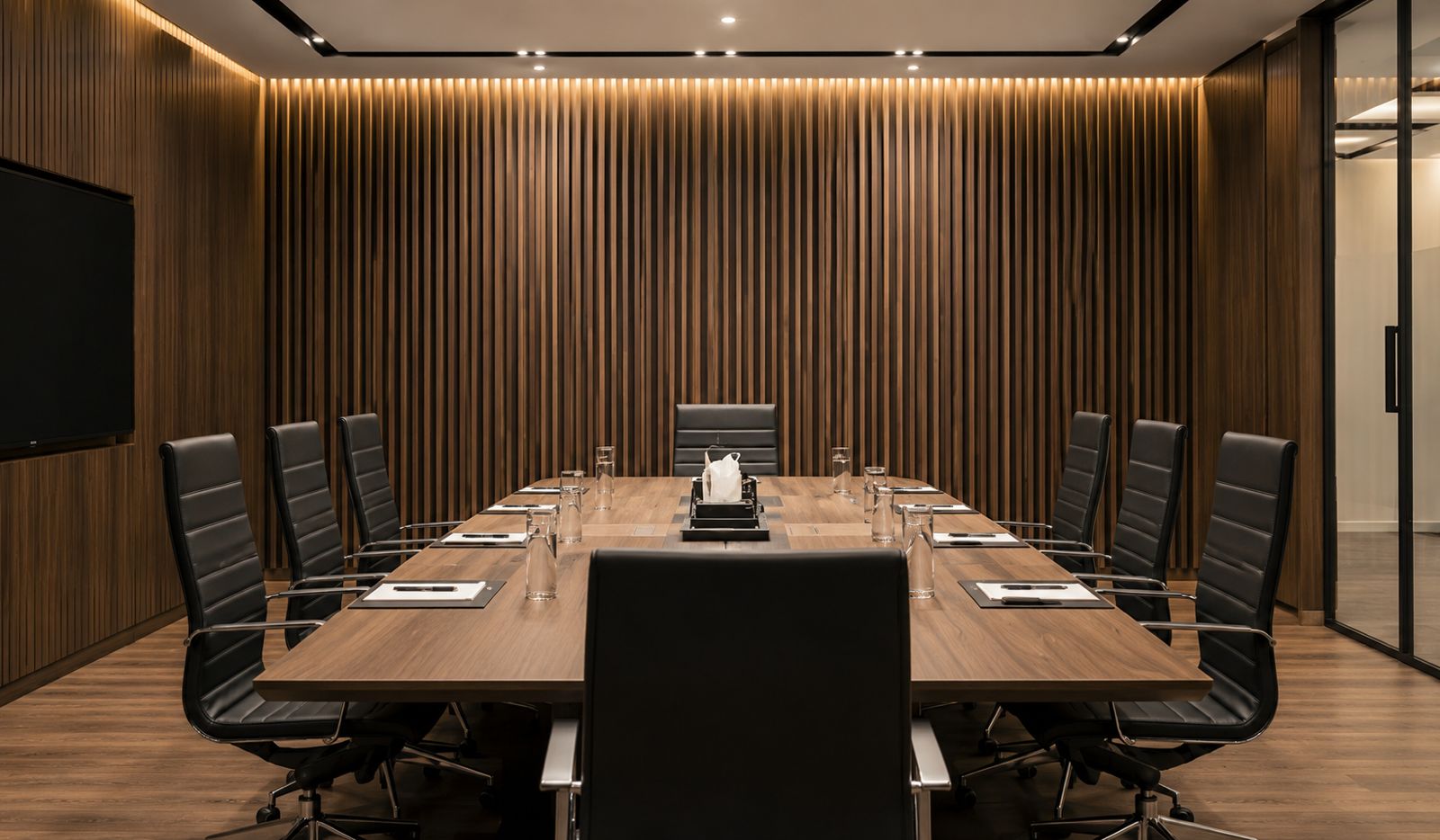 High-end corporate boardroom with minimalist aesthetic